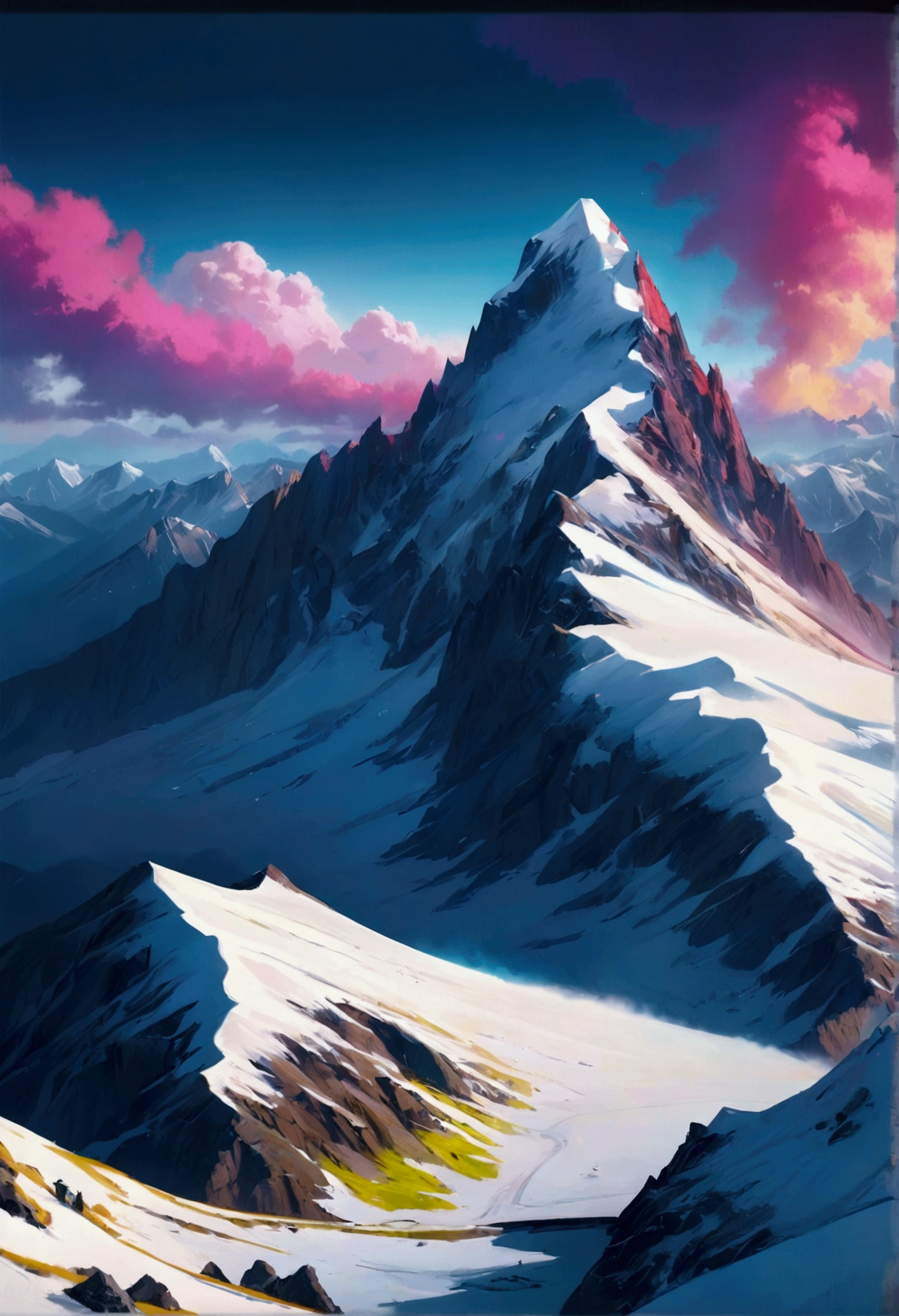 A dramatic aerial view of a majestic white snow-capped mountain, with vibrant neon-colored powder scattered all around it, creating a surreal and captivating landscape, (best quality,8k,highres,masterpiece:1.2),ultra-detailed,(realistic,photorealistic,photo-realistic:1.37),aerial view, dramatic lighting, glowing neon powder, colorful powder, dramatic sky, cinematic composition, epic scale, snow-capped mountain, rugged mountain terrain, dramatic clouds, dramatic lighting, moody atmosphere