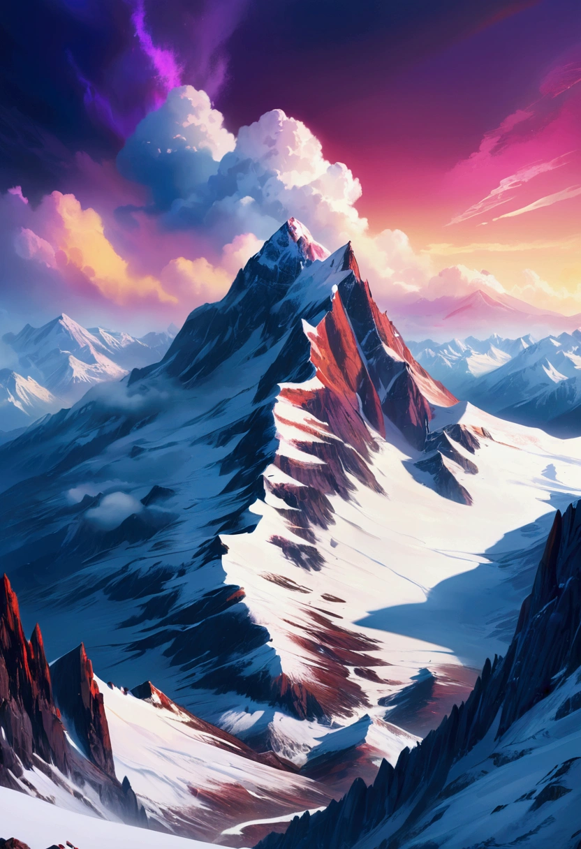 A dramatic aerial view of a majestic white snow-capped mountain, with vibrant neon-colored powder scattered all around it, creating a surreal and captivating landscape, (best quality,8k,highres,masterpiece:1.2),ultra-detailed,(realistic,photorealistic,photo-realistic:1.37),aerial view, dramatic lighting, glowing neon powder, colorful powder, dramatic sky, cinematic composition, epic scale, snow-capped mountain, rugged mountain terrain, dramatic clouds, dramatic lighting, moody atmosphere