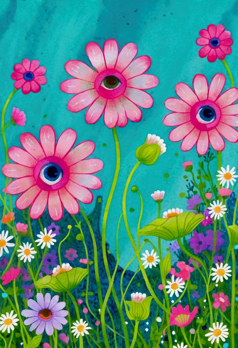 Flower field with polka dots on blue background, Mottled flowers, daisies and , Whimsical and psychedelic, Flower growth, Turquoise pink and green, look up. , swirling flowers, Exquisite garden on paper, Inspired by Alison Geisler (Alison Geissler), Fondo pintado floral, Whimsical Art, Inspired by Margaret Garland, Paint with pastels