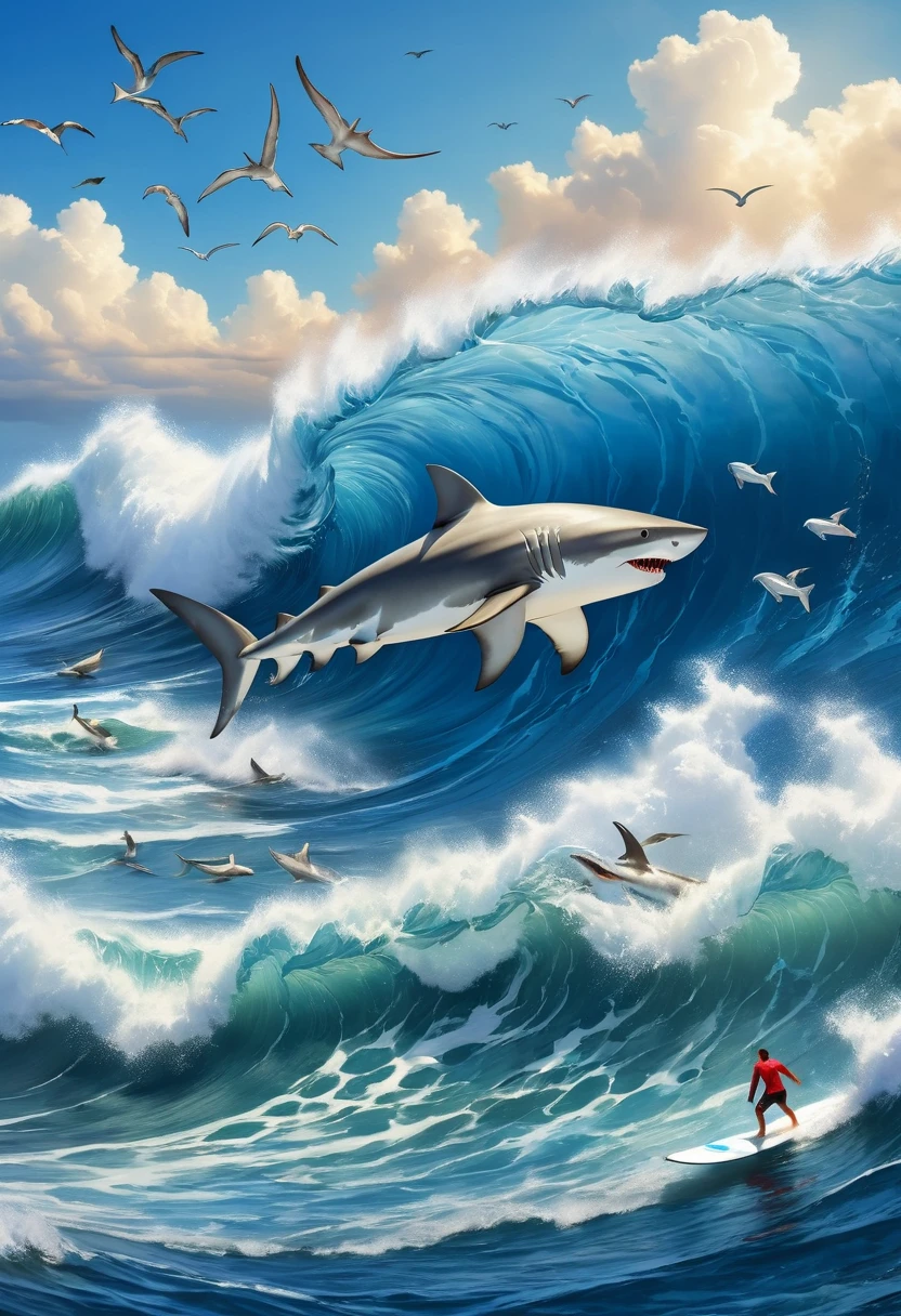 (personification:1.5)，shark，In the deep blue ocean，standing on surfboards，Surfing the Big Waves，In the background，Seagulls flying in the blue sky，Ignoring fears of marine predators。shark咧嘴一笑，Embodying adventure。The waves he surfed were huge，But the white waves are rolling on the top of the waves，Very beautiful。