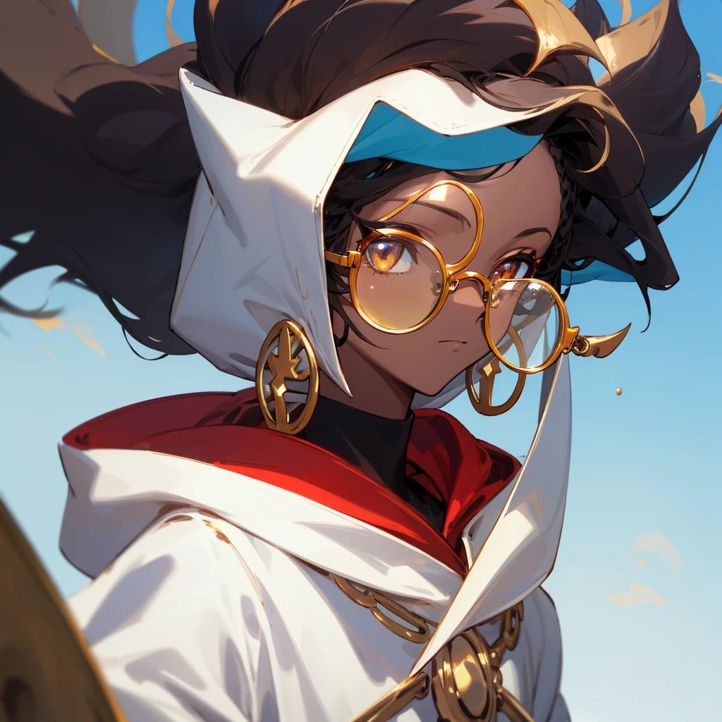 1feamle, dark skin, black afro, blue sky accents in hair, golden eyes, gold framed glasses, golden earrings, white and red hoodie, skyscape background, calm expression