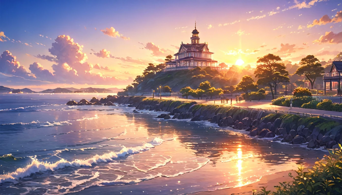 a beautiful sunset over a seaside park, peaceful waves, stunning scenery, anime style, (best quality,4k,8k,highres,masterpiece:1.2),ultra-detailed,(realistic,photorealistic,photo-realistic:1.37),detailed sky with warm colors, detailed water reflections, detailed foliage, detailed architecture, detailed figures, cinematic composition, dramatic lighting, vibrant colors, soft focus, intricate details