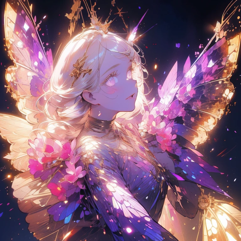 a beautiful (1girl) with colorful butterfly wings, white hair, detailed face, purple eyes,intricate butterfly wings,detailed wing patterns,detailed clothing,colorful butterfly wings,cinematic lighting,golden light particle, best detailed,masterpiece,ultra detailed, best shadow, delicate,action pose, posed,(dynamic angle,detailed background, fantasy), (handsome detailed face), high contrast, (best illumination, an extremely delicate and beautiful), ((cinematic light)), colorful, hyper detail, dramatic light, intricate details, butterfly circle, magic crystals, rainbow, Fantastic fairy, Unique type, Sharp detail line, Double beauty,