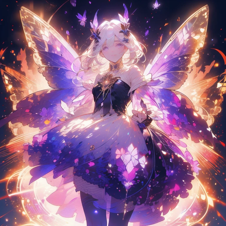 a beautiful (1girl) with colorful butterfly wings, white hair, detailed face, purple eyes,intricate butterfly wings,detailed wing patterns,detailed clothing,colorful butterfly wings,cinematic lighting,golden light particle, best detailed,masterpiece,ultra detailed, best shadow, delicate,action pose, posed,(dynamic angle,detailed background, fantasy), (handsome detailed face), high contrast, (best illumination, an extremely delicate and beautiful), ((cinematic light)), colorful, hyper detail, dramatic light, intricate details, butterfly circle, magic crystals, rainbow, Fantastic fairy, Unique type, Sharp detail line, Double beauty,