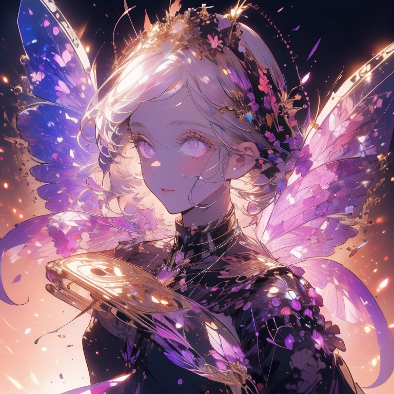 a beautiful (1girl) with colorful butterfly wings, white hair, detailed face, purple eyes,intricate butterfly wings,detailed wing patterns,detailed clothing,colorful butterfly wings,cinematic lighting,golden light particle, best detailed,masterpiece,ultra detailed, best shadow, delicate,action pose, posed,(dynamic angle,detailed background, fantasy), (handsome detailed face), high contrast, (best illumination, an extremely delicate and beautiful), ((cinematic light)), colorful, hyper detail, dramatic light, intricate details, butterfly circle, magic crystals, rainbow, Fantastic fairy, Unique type, Sharp detail line, Double beauty,