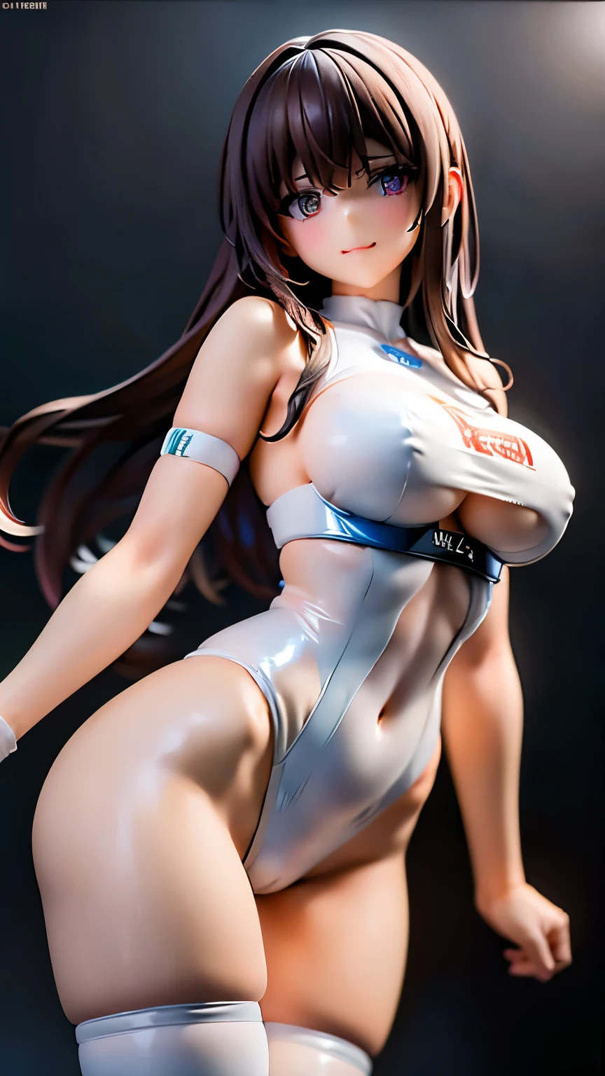 One woman standing solo, /(Grid Girls/) /(White costume with logo/) leotard, Mature Woman, /(Brown Hair/) bangs, A gentle blushing smile, (Masterpiece Top quality:1.2) Delicate illustrations, super detailed, Large Breasts, Thigh High Boots Break /(Indoor Motor Show/), audience, Detailed Background