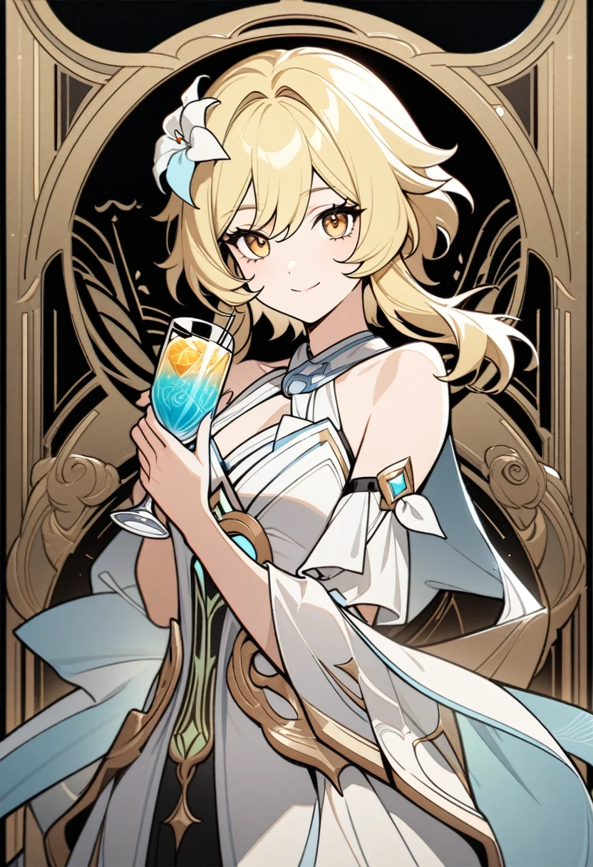 art deco, card, frames, vintage, art deco poster, high quality, female, Lumine, genshin impact, lumine from genshin impact, dress, formal, holding drink, beautiful face, cute face, blonde hair, smiling, masterpiece, detailed, line art, straight lines, clear art, great gatsby, art nouveo