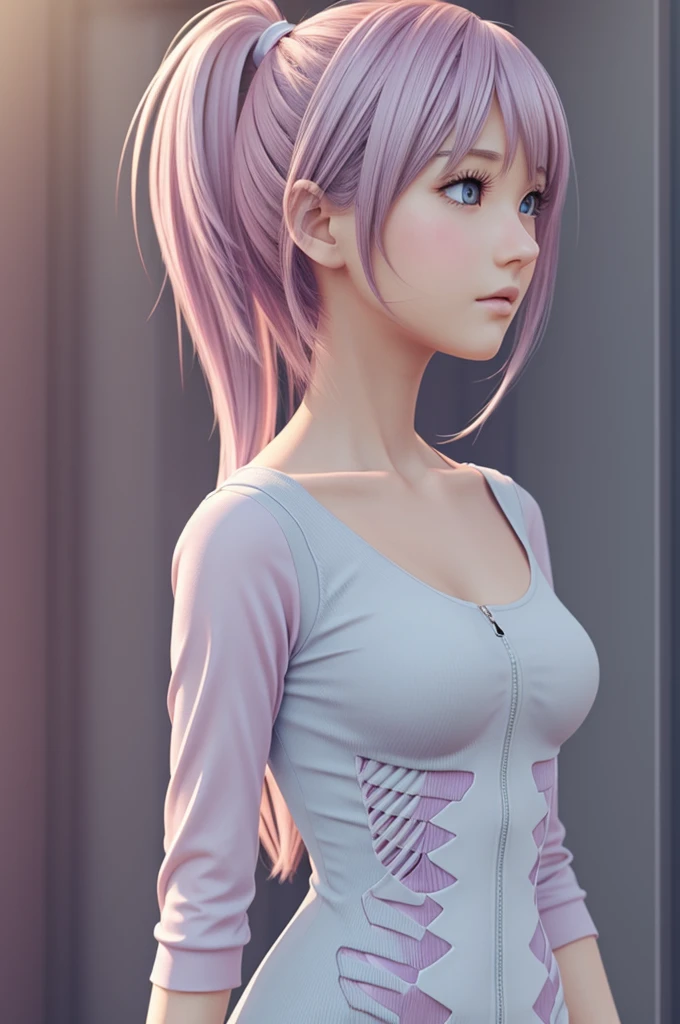 Highest quality, Ultra-high resolution, Realistic, NSFW, Cyberpunk one girl sexy pink hair、Taking photos in a studio environment with a gray background, View your viewers, Upper Body, thin, Visible cracks, Crop top,