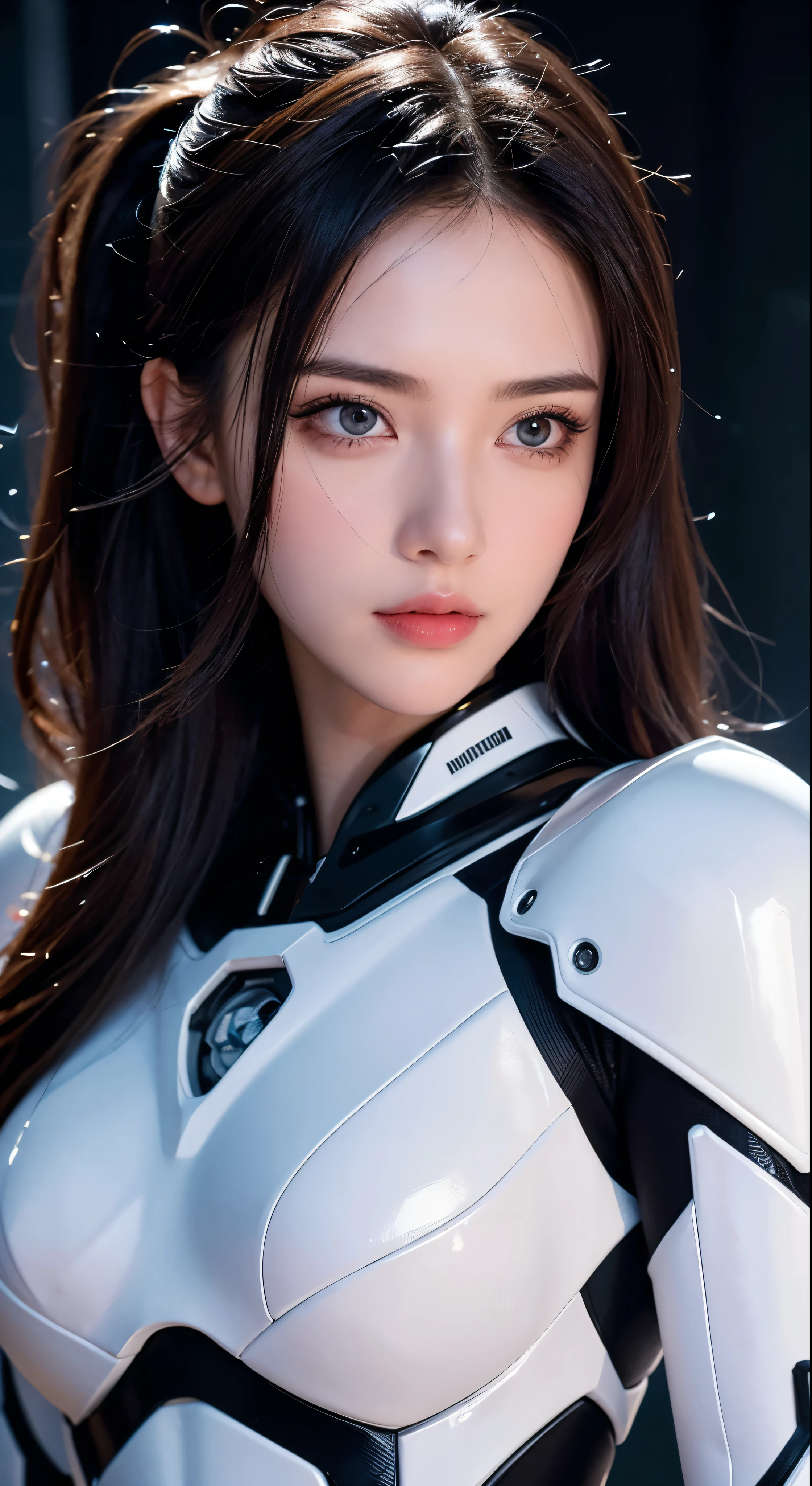masterpiece, best quality, ultra realistic, hyper-detailed, 8k resolution, RAW photo, sharp focus, (1girl), solo, gorgeous face, perfect body, mature female, 25yo,  portrait, mecha, white armor, nanosuit, sexy, messy hair, cinematic, cinematic light, dark theme