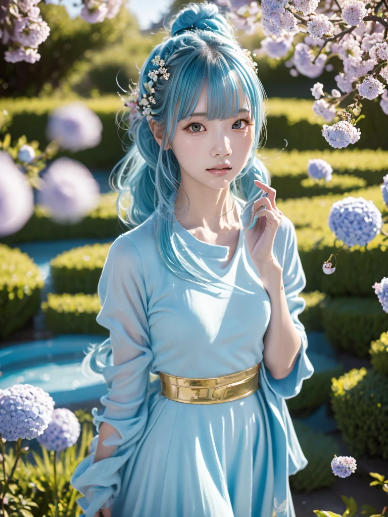 (masterpiece), (Highest quality), (Super detailed),(Disheveled Hair),(figure), (One girl), (Fashionable clothes), Are standing, Fashion Model, View your viewers, (interview), (Simple Background),Beautiful attention to detail, Delicate and beautiful face, floating,(High saturation),(Colorful splashes),Colorful Bubbles,(The Shining), Focus on the face, ponytail, kamisato ayaka, Light blue hair, bangs, Hair Ring, Floating Flowers, Floating hair, (The Shining), Best lighting, Best Shadow,
