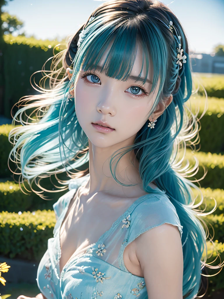 (photorealistic:1.8, highest quality:1.8,8K masterpiece:1.8,High resolution,muste piece:1.8,RAW Photos,cinematic lighting,red and purple dream colors),fantasy world,Fairy 15cm tall,(silk bikini,Transparent Shawl,delicate hair ornament, Elegant earrings,choker,knee high socks,Cleavage cut,beautiful hip line),blue eyes,beautiful and detailed blue eyes:1.7,double eyelid:1.6,beautiful skin:1.8, (looking at the camera:1.2),(View from the front:1.3),( Long Hair:1.2,Beautiful shining blue lime hair:1.5), expression(Impish Smile:1.3,face turns red:1.3),(Moderate chest:1.3),Pause(Seductive pose:1.5),background(spring scenery,Psychedelic fairy forest with blooming flowers),(detailed perfect face),anatomically correct,normal hands:1.5,normal finger:1:5,normal feet:1.5,(cameltoe)