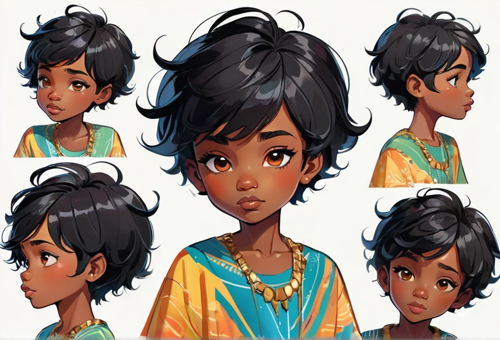 An  boy (character design sheet)  face study, lip sync, expression, same character front, side, back short hair, african hair.black hair.
African (masterpiece best quality:1.2) delicate illustration ultra-detailed, illustrations, bright, colourful, 