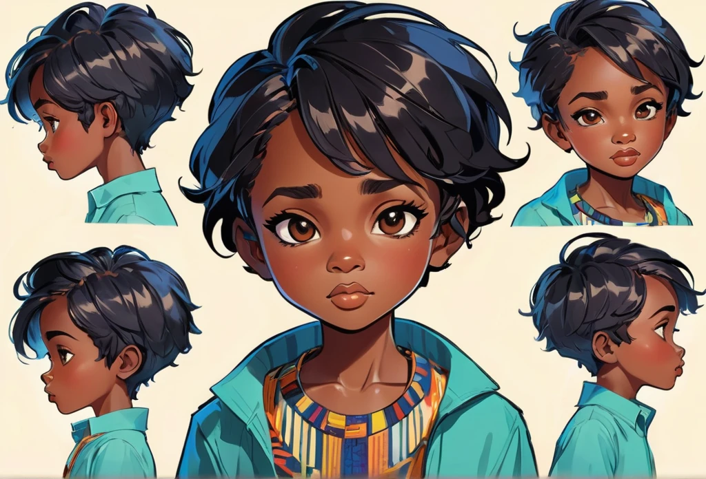 An boy (character design sheet) face study, lip sync, expression, same character front, side, back short hair, african hair.black hair.
African (masterpiece best quality:1.2) delicate illustration ultra-detailed, illustrations, bright, colourful,