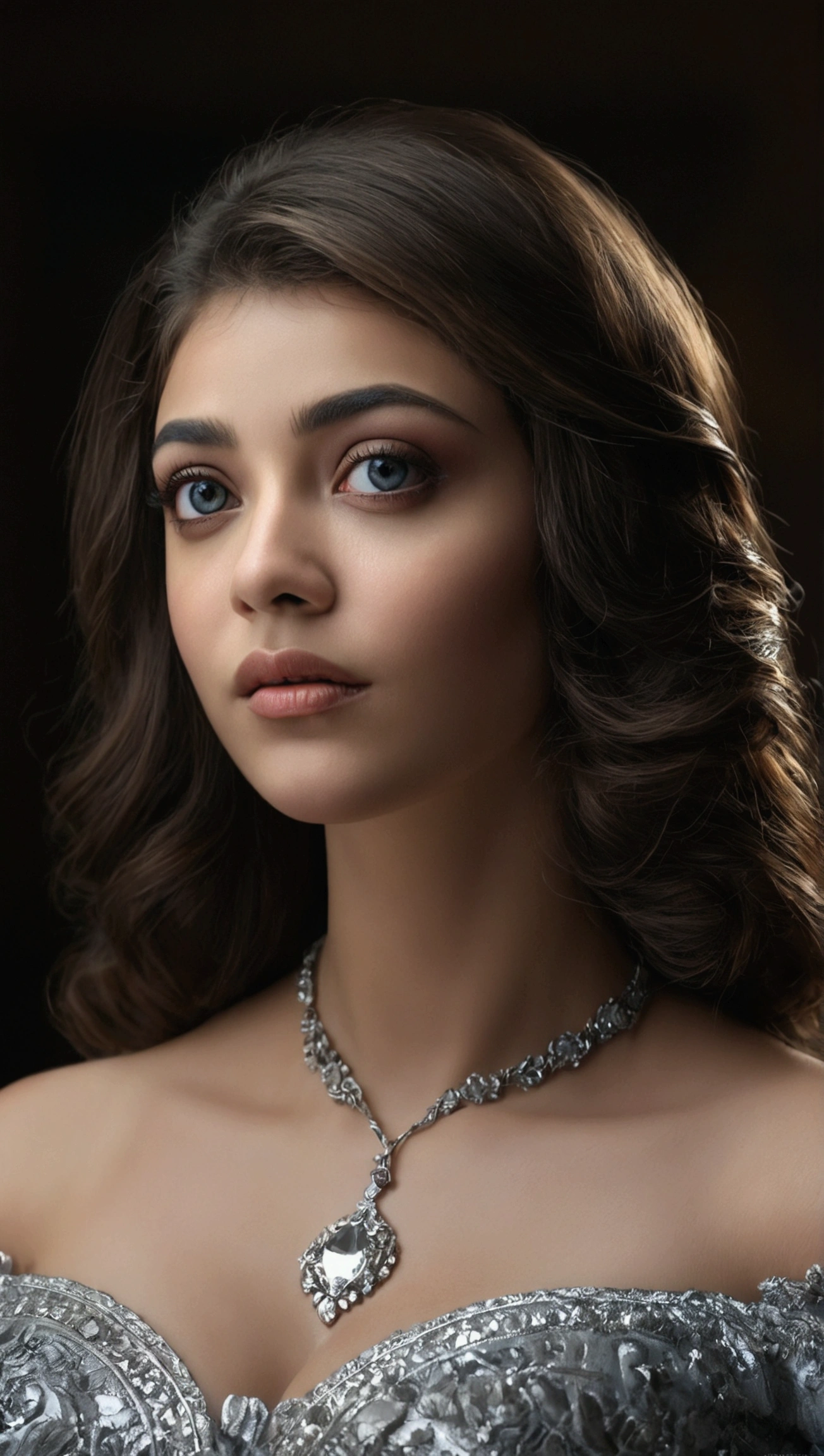 highly detailed portrait, 1girl, beautiful detailed eyes, beautiful detailed lips, extremely detailed face, long eyelashes, off the shoulder dress, busty, moody dramatic lighting, cinematic lighting, chiaroscuro, dramatic shadows, dramatic contrast, dramatic atmosphere, photorealistic, 8k, high resolution, best quality, masterpiece, intricate details, ultra-detailed, (( half body portrait))