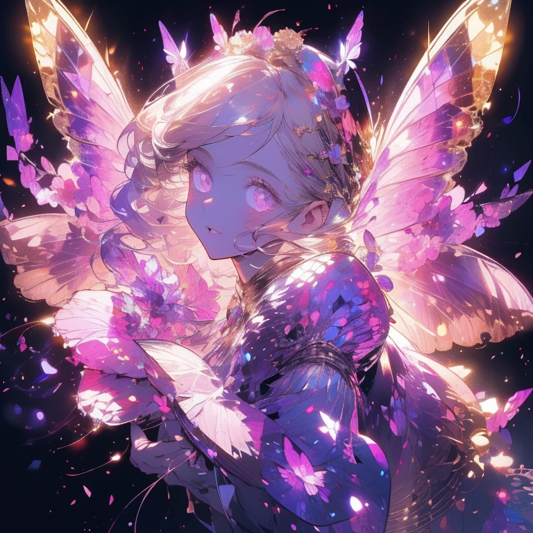 a beautiful (1girl) with colorful butterfly wings, white hair, detailed face, purple eyes,intricate butterfly wings,detailed wing patterns,detailed clothing,colorful butterfly wings,cinematic lighting,golden light particle, best detailed,masterpiece,ultra detailed, best shadow, delicate,action pose, posed,(dynamic angle,detailed background, fantasy), (handsome detailed face), high contrast, (best illumination, an extremely delicate and beautiful), ((cinematic light)), colorful, hyper detail, dramatic light, intricate details, butterfly circle, magic crystals, rainbow, Fantastic fairy, Unique type, Sharp detail line, Double beauty,