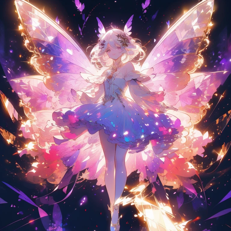 a beautiful (1girl) with colorful butterfly wings, white hair, detailed face, purple eyes,intricate butterfly wings,detailed wing patterns,detailed clothing,colorful butterfly wings,cinematic lighting,golden light particle, best detailed,masterpiece,ultra detailed, best shadow, delicate,action pose, posed,(dynamic angle,detailed background, fantasy), (handsome detailed face), high contrast, (best illumination, an extremely delicate and beautiful), ((cinematic light)), colorful, hyper detail, dramatic light, intricate details, butterfly circle, magic crystals, rainbow, Fantastic fairy, Unique type, Sharp detail line, Double beauty,
