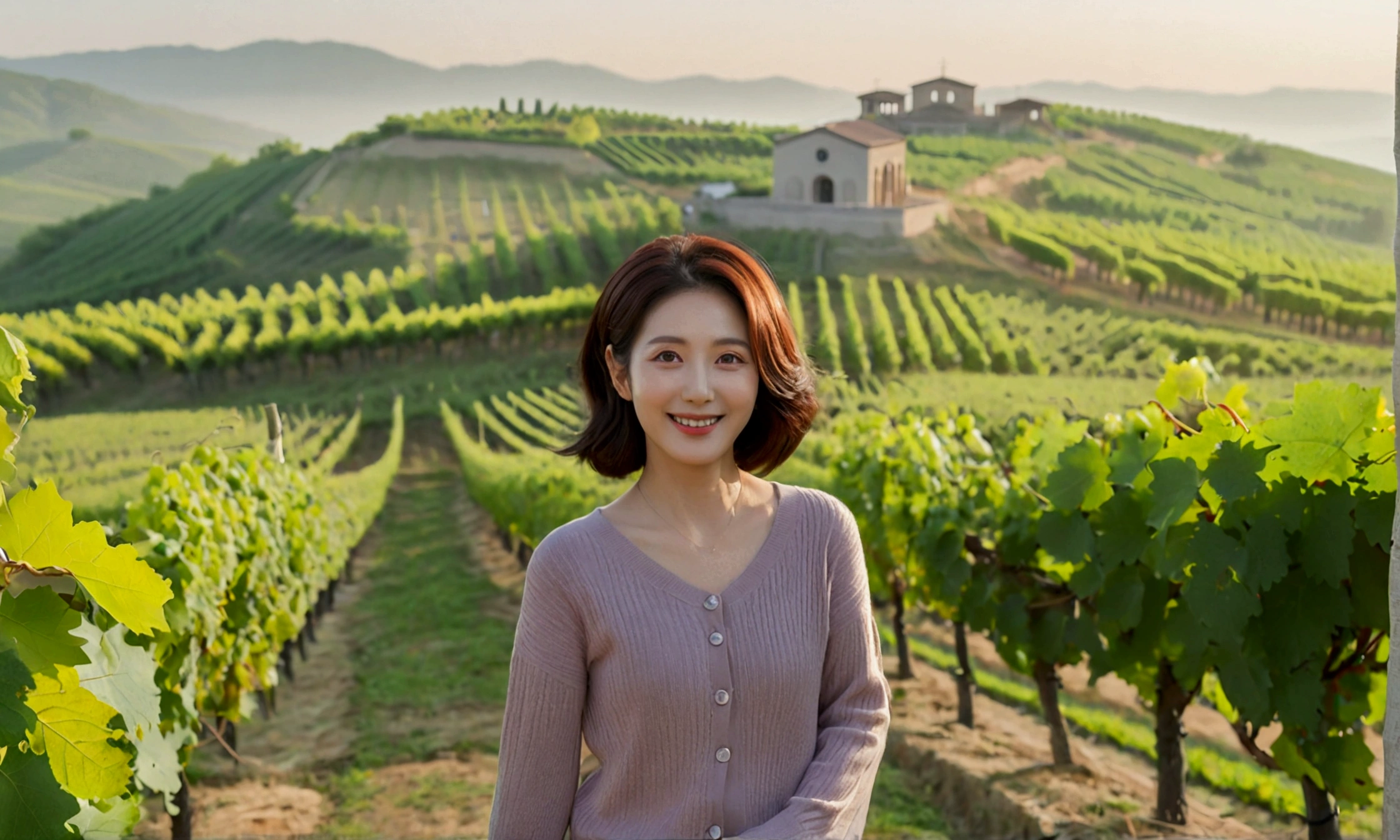 Italy foggy countryside dawn, Endless vineyards, A cathedral can be seen far away in the fog.. Korean woman in her 40s, Wearing a luxury brand slightly thick knit, casual pants, Korean woman with short and medium hair, hair is beautiful. Standing on a path on top of a vineyard hill, Beautiful Korean woman with bright and clear skin, the neck is long and beautiful. Inspired by Yoo Ji-in. Beautiful Korean woman smiling, standing in the vineyard,1 woman, Your eyes are big and pretty, standing on a hill in a vineyard, 1 woman, Clear picture quality, Fair skin and no wrinkles on the neck, The eyes are clear and big, Hair texture is clean and shiny, eyes are big, three dimensional grape leaves