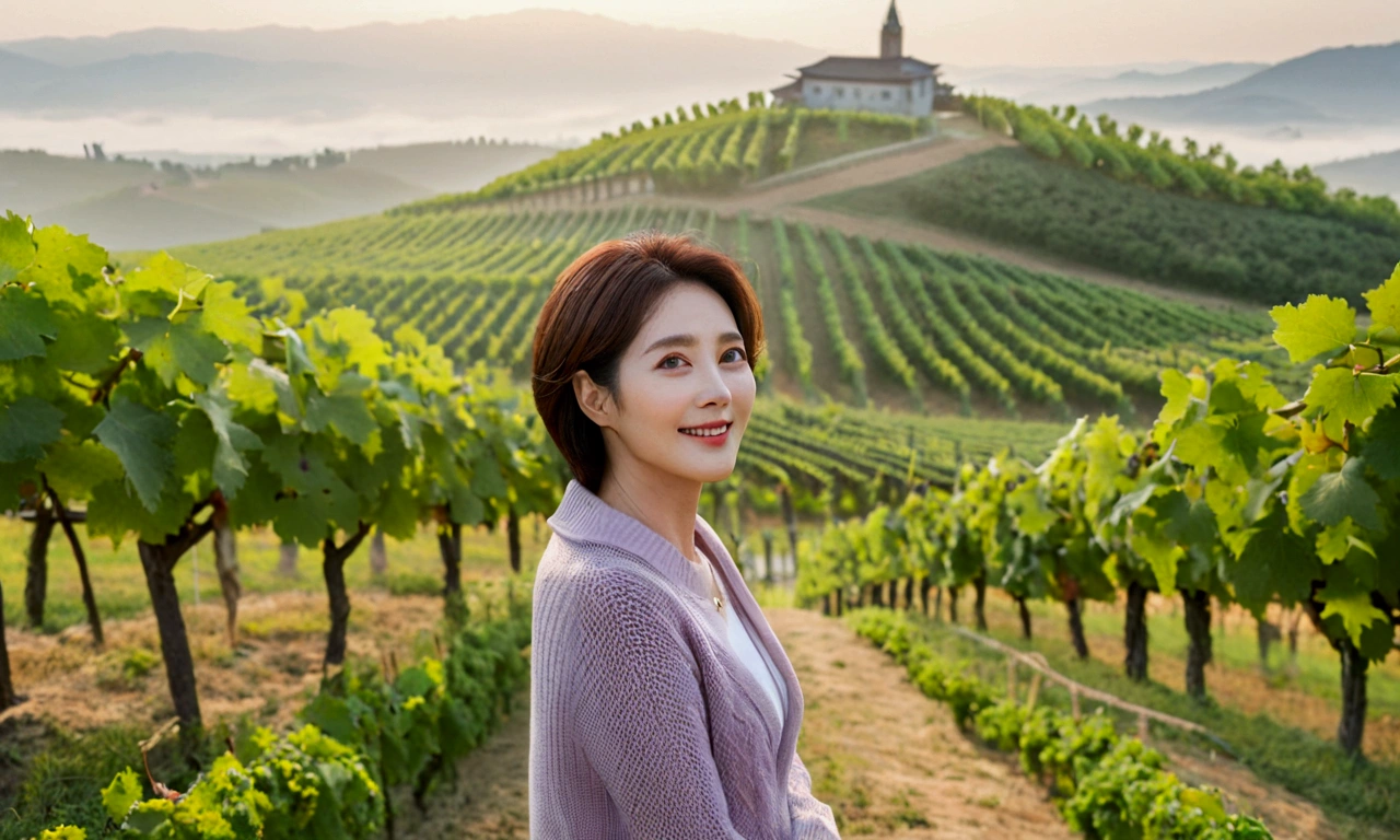 Italy foggy countryside dawn, Endless vineyards, A cathedral can be seen far away in the fog.. Korean woman in her 40s, Wearing a luxury brand slightly thick knit, casual pants, Korean woman with short and medium hair, hair is beautiful. Standing on a path on top of a vineyard hill, Beautiful Korean woman with bright and clear skin, the neck is long and beautiful. Inspired by Yoo Ji-in. Beautiful Korean woman smiling, standing in the vineyard,1 woman, Your eyes are big and pretty, standing on a hill in a vineyard, 1 woman, Clear picture quality, Fair skin and no wrinkles on the neck, The eyes are clear and big, Hair texture is clean and shiny, eyes are big, three dimensional grape leaves