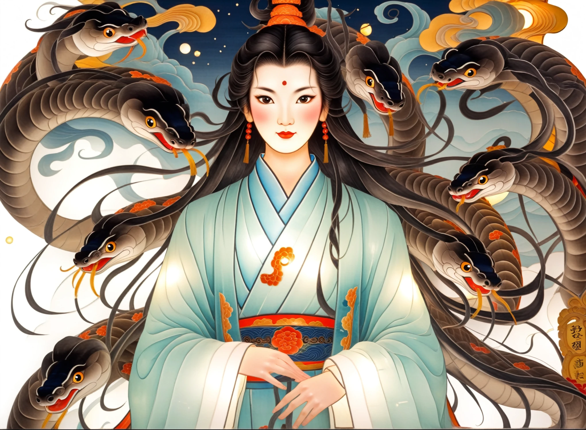 festive lantern,Front perspective,lamp,Nine tailed Snake,featuring traditional Chinese stories from "The Three Seas Sutra",Nine tailed Snake,eyes,cute,beard,wind,high-quality,masterpiece,night,RAW photo,cover art,wallpaper,rich details,festival lantern,(close-up),