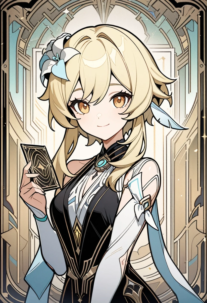 art deco, card, frames, vintage, art deco poster, high quality, female, Lumine, genshin impact, lumine from genshin impact, dress, formal, holding drink, beautiful face, cute face, blonde hair, smiling, upper body, dark background,  masterpiece, detailed, line art, straight lines, clear art, great gatsby, art nouveo