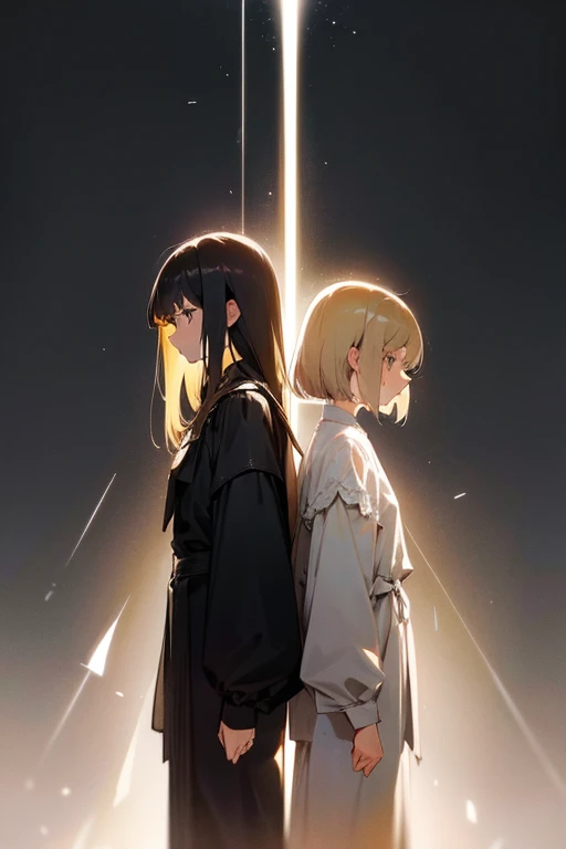 two girls. The first one is on the left, looks like light, she stands on the side of light, in light clothes, she has blond short hair. The second one is on the right, looks like darkness, she stands on the side of darkness, in dark clothes, She has long dark hair. They are separated by a vertical line between light and darkness. The girls are standing facing each other