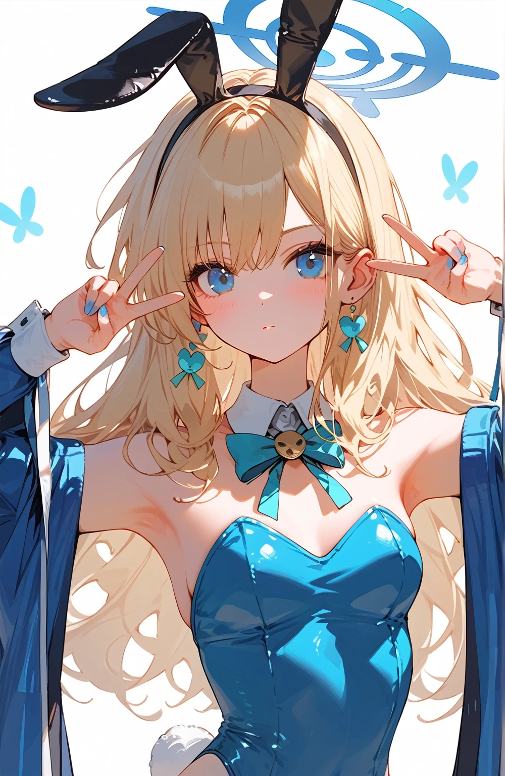 (masterpiece, The best quality at its best:1.2), alone, One huge breasted girl, tokiedgBunny, edgBunny, Expressionless face, Shut your mouth., Long blonde hair, fake animal ears, blue eyes, Blue Skinsuit, Blue ribbon,Bunny Suit、Dynamic pose、whole body、Blue Archive、Japanese crested ibis,Double Peace