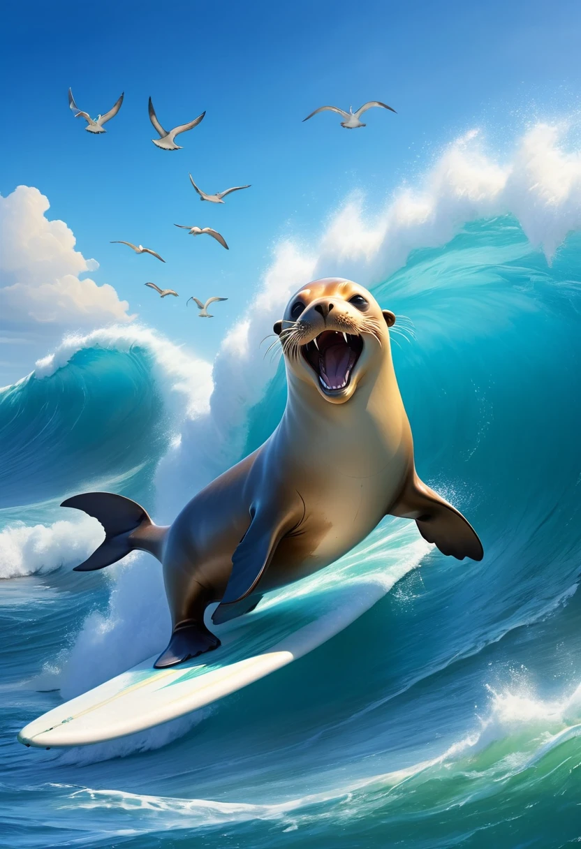 (personification:1.5),sea lion,In the deep blue ocean,standing on surfboards,Surfing the Big Waves,In the background,Seagulls flying in the blue sky,Ignoring fears of marine predators。Shark grin,Embodying adventure。The waves he surfed were huge,But the white waves are rolling on the top of the waves,Very beautiful。