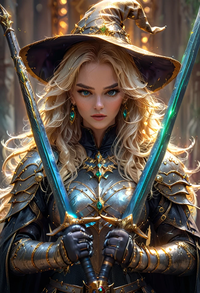 Beautiful Witch Blonde Girl and with two Golden Sharped Sword with a Beautiful Blonde Long Flowing Hair wearing a Witch Hat and wearing a Witch Chestplate Armor with Jewelry Earrings with Makeup with the Best Quality with High Details with Textured Skin as a Masterpiece in a High Resolution in 8K Quality, proud pose with two long golden sharped sword, fierce expression,