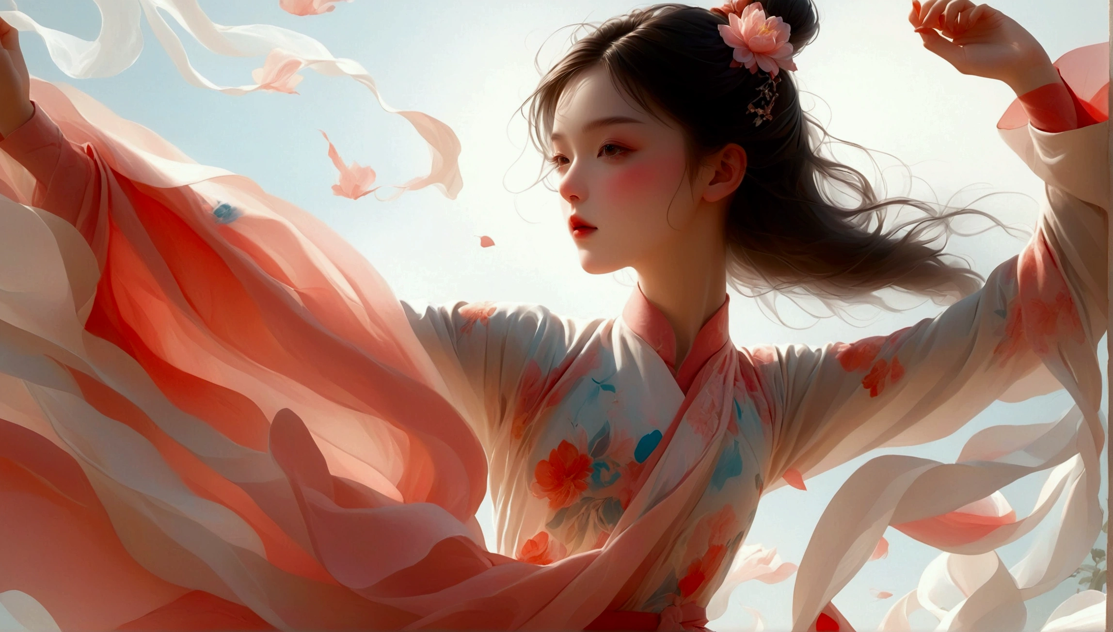 Show full body dance moves；Beautiful dance photography；A little girl，Solitary；A dancing little girl；[Black Eyeball，confidence，High and cold，happy]；[Long skirt，Elegant，Long sleeve；Set，Light pink and white gradient，Traditional style，The skirt has no pattern，Long skirt下摆像花瓣，Connect with the background,]；[Full body panorama 1.5]，Character front；Composition：The character is on the right side of the screen；Long hair in the wind,advanced sense,Fashion, Dynamic photography, Loop video, Fascinating movement, captivating visuals, Seamless integration, Compelling storytelling, Vortex phenomenon, Angled form, Dynamic Movement, Bold Geometric Shapes, Fragment shape, sharp contrast, Influence of modernism, nature, , modern Art, Astonishing, Unreal Background, Art from (Alessio Albi:1.1), Soft lighting，Front light, happy emotion,(close up, Face Focus), (Fractal Art) Extremely detailed,The most beautiful form of chaos, elegant； Simple style；Minimalism。Panoramic photography；Shallow depth of field, Extraordinary details, masterpiece, high quality, 4K，cinematic lighting, motion blur, depth of field, sparkle, ray tracing, reflection light, anatomically correct, uhd, textured skin, best quality, super detail, highres, high details, accurate, high quality, award winning。
