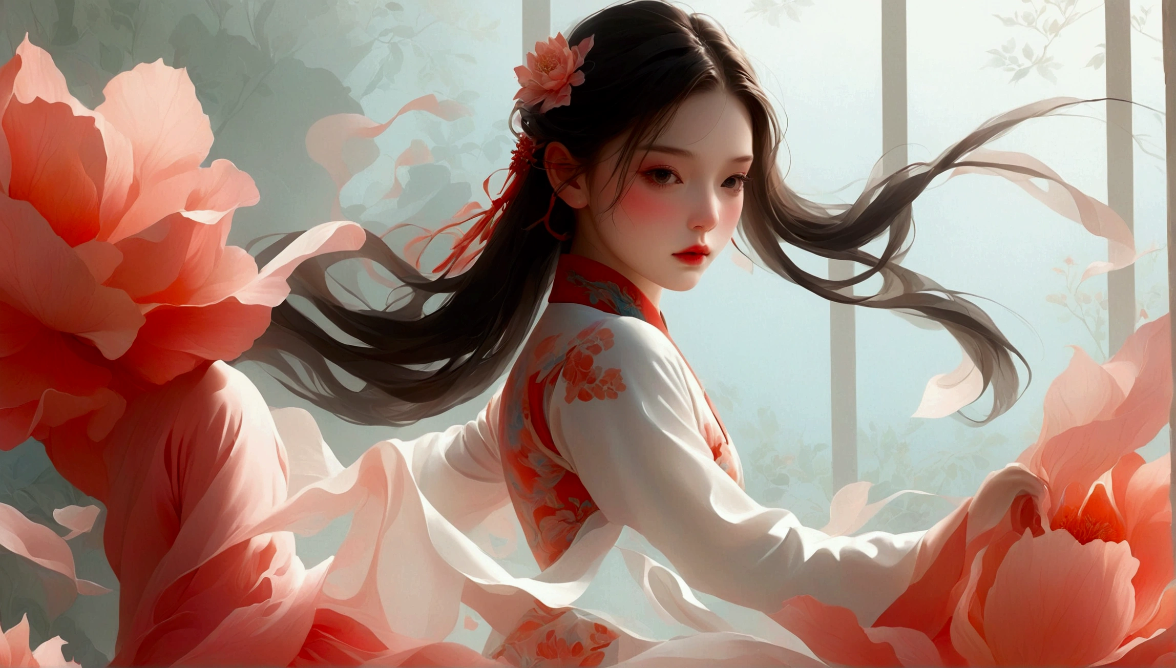 Show full body dance moves；Beautiful dance photography；A little girl，Solitary；A dancing little girl；[Black Eyeball，confidence，High and cold，happy]；[Long skirt，Elegant，Long sleeve；Set，Light pink and white gradient，Traditional style，The skirt has no pattern，Long skirt下摆像花瓣，Connect with the background,]；[Full body panorama 1.5]，Character front；Composition：The character is on the right side of the screen；Long hair in the wind,advanced sense,Fashion, Dynamic photography, Loop video, Fascinating movement, captivating visuals, Seamless integration, Compelling storytelling, Vortex phenomenon, Angled form, Dynamic Movement, Bold Geometric Shapes, Fragment shape, sharp contrast, Influence of modernism, nature, , modern Art, Astonishing, Unreal Background, Art from (Alessio Albi:1.1), Soft lighting，Front light, happy emotion,(close up, Face Focus), (Fractal Art) Extremely detailed,The most beautiful form of chaos, elegant； Simple style；Minimalism。Panoramic photography；Shallow depth of field, Extraordinary details, masterpiece, high quality, 4K，cinematic lighting, motion blur, depth of field, sparkle, ray tracing, reflection light, anatomically correct, uhd, textured skin, best quality, super detail, highres, high details, accurate, high quality, award winning。

