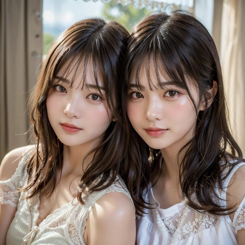 Two beautiful girls,Cheek to cheek,Embrace each other,(Highest quality,masterpiece:1.3,超High resolution),(Very detailed,Caustics,8k),(Realistic:1.4,RAW shooting),Super detailed, 超High resolution, Two Girls,18-year-old,Japanese,黒いLong Hair,耳前にLong Hair, (Long Hair:1.2), (Wavy Hair:1.2), (鈍いbangs:1.2), Chest-up shot,Ultra high definition 8K,Highest quality,Very detailedな,masterpiece,Realistic,Rich details,Photographic realism,Very detailedな環境,Very detailedな照明,Very detailedな詳細,,Detailed skin texture,Scattered under the surface,(blush:0.5),Photographic works,A slightly sad expression,Beautiful, shining lips, Detailed face、 bangs, Hair between the eyes, (Tangled in lace curtains:1.5),Looking into the camera,Top view angle,,Natural light, masterpiece, Highest quality, High resolution, ,(Face Focus:1.1),(Face close-up:1.1),Sunset