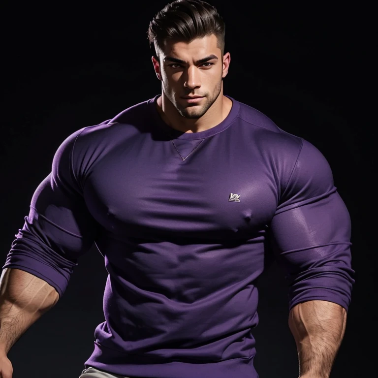 a very handsome young man, massively muscular, with massively large muscles, with massively large biceps, with massively large arms, wearing a simple purple sweatshirt with long sleeves, on a black background