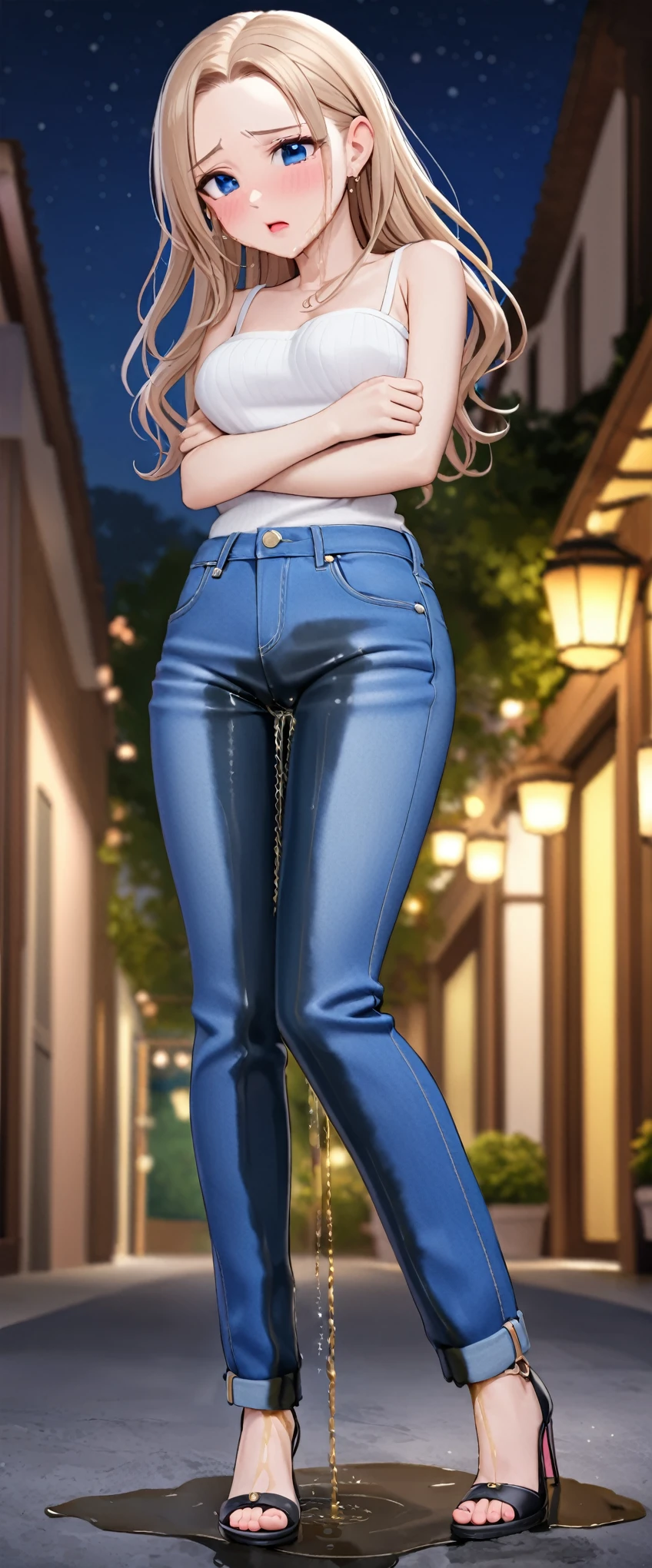 ((best quality, masterpiece:1.3, 8K)), (detailed), highly detailed face and skin texture, detailed eyes, full body, outdoor night, (slender body:1.1), 1girl, (solo), (18+ years old), white skin, bright lips, worried, embarrassed, panicking, long hair, (forehead:1.0), (sexy outfit:1.2), medium breast, (jeans pants:1.5, blue jeans:1.5), (((wetting herself:1.8))), desperation:1.2,