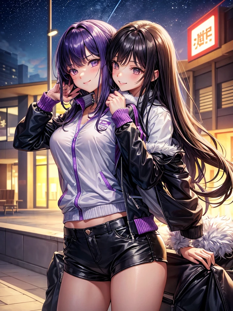 best quality,,smile,blazer,swimsuit,School,Collective of girls,Track jacket,Physical education class,JK,Sexy and cute,future,Wearing a fastener bra,zipper bra,Long Hair,She has her bangs down,Purple Eyes,evolution系ファッション,Cuteness at its finest,Sparkling,Leather shorts,beautiful,middle School girlultiple girls are depicted,harem,idol group,infinite possibilities,leather jacket,fur jacket,Hair tucked behind ear,futureの服装,evolution,starry sky background,photo shoot,long hair,wearing a cardigan,beautiful girlの国,girl's paradise,highest quality,big breasts,leather jacket,happy girl,horny girl,Blue eyes,perfect face,standing position,She has her bangs down,fur jacket,Beautiful eyes,smooth hair,perfect eyes,beautiful girl,Angel Girl,multicolored hair colors,naughty girl,beautiful,High-dimensional beautiful girl,Multidimensional beautiful girl,gathering,Group、,