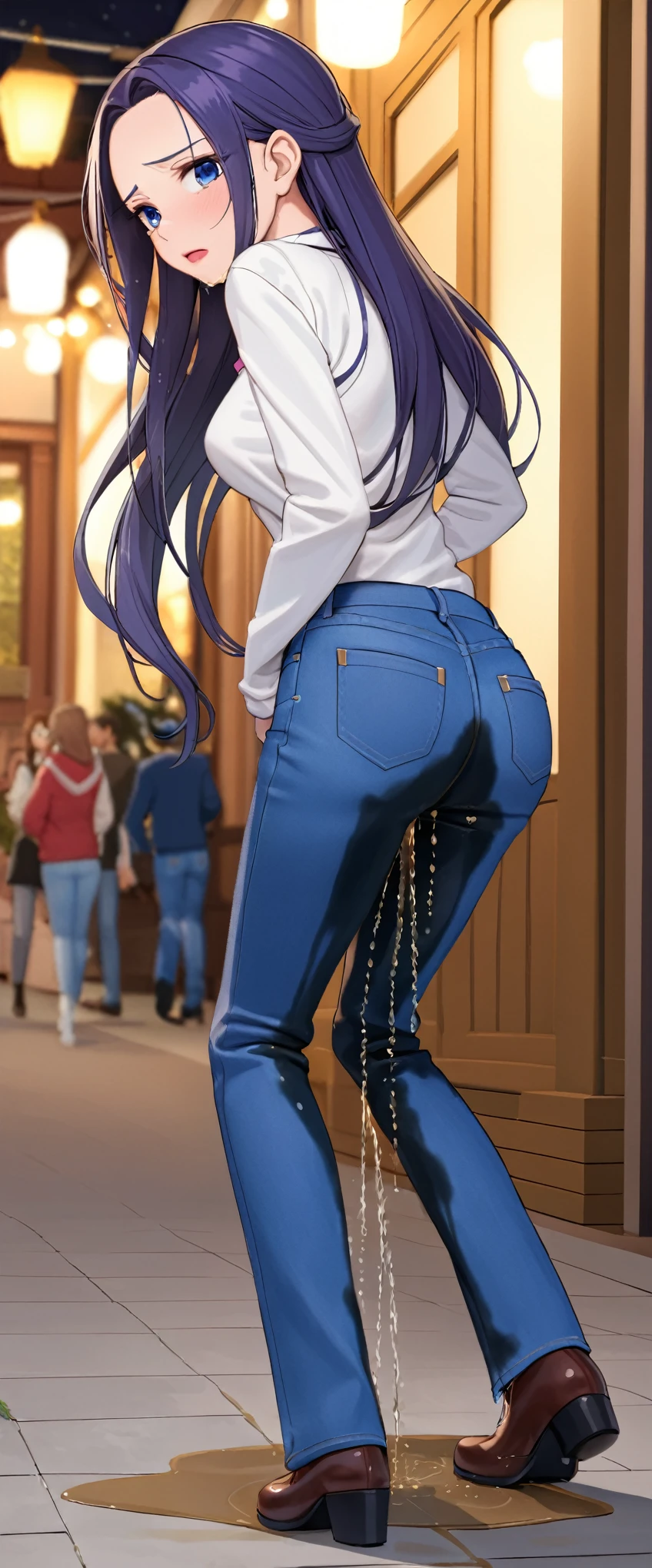 ((best quality, masterpiece:1.3, 8K)), (detailed), highly detailed face and skin texture, detailed eyes, full body, (from behind:1.5), outdoor night, (slender body:1.1), 1girl, (solo), (18+ years old), white skin, bright lips, worried, embarrassed, panicking, long hair, (forehead:1.0), (sexy outfit:1.2), medium breast, (jeans pants:1.5, blue jeans:1.5), (((wetting herself:1.8))), desperation:1.2,