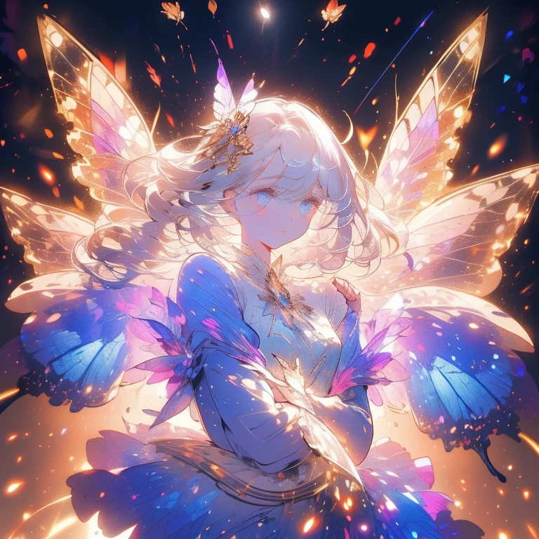 a beautiful (1girl) with colorful butterfly wings, white hair, detailed face, blue eyes,intricate butterfly wings,detailed wing patterns,detailed clothing,colorful butterfly wings,cinematic lighting,golden light particle, best detailed,masterpiece,ultra detailed, best shadow, delicate,action pose, posed,(dynamic angle,detailed background, fantasy), (handsome detailed face), high contrast, (best illumination, an extremely delicate and beautiful), ((cinematic light)), colorful, hyper detail, dramatic light, intricate details, butterfly circle, magic crystals, rainbow, Fantastic fairy, Unique type, Sharp detail line, Double beauty,