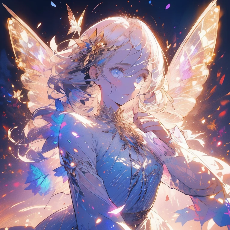 a beautiful (1girl) with colorful butterfly wings, white hair, detailed face, blue eyes,intricate butterfly wings,detailed wing patterns,detailed clothing,colorful butterfly wings,cinematic lighting,golden light particle, best detailed,masterpiece,ultra detailed, best shadow, delicate,action pose, posed,(dynamic angle,detailed background, fantasy), (handsome detailed face), high contrast, (best illumination, an extremely delicate and beautiful), ((cinematic light)), colorful, hyper detail, dramatic light, intricate details, butterfly circle, magic crystals, rainbow, Fantastic fairy, Unique type, Sharp detail line, Double beauty,