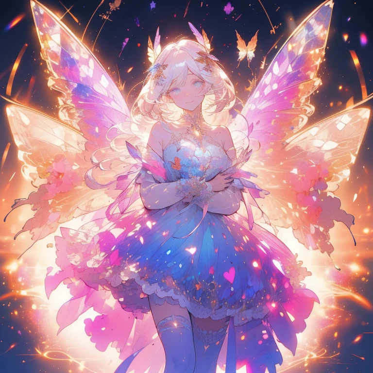 a beautiful (1girl) with colorful butterfly wings, white hair, detailed face, blue eyes,intricate butterfly wings,detailed wing patterns,detailed clothing,colorful butterfly wings,cinematic lighting,golden light particle, best detailed,masterpiece,ultra detailed, best shadow, delicate,action pose, posed,(dynamic angle,detailed background, fantasy), (handsome detailed face), high contrast, (best illumination, an extremely delicate and beautiful), ((cinematic light)), colorful, hyper detail, dramatic light, intricate details, butterfly circle, magic crystals, rainbow, Fantastic fairy, Unique type, Sharp detail line, Double beauty,