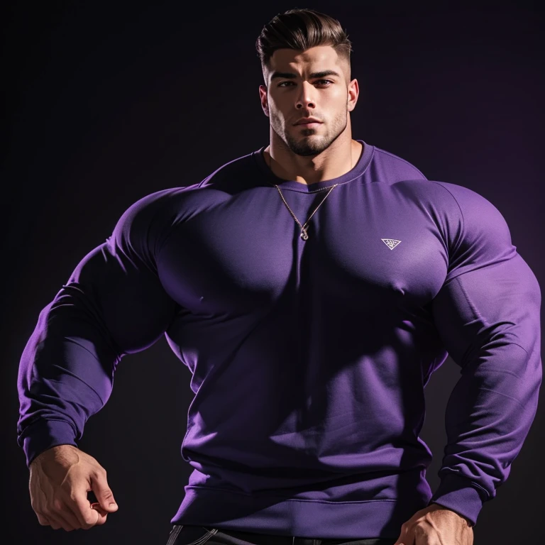 a very handsome young man, massively muscular, with massively large muscles, with massively large biceps, with massively large arms, wearing a simple purple sweatshirt with long sleeves, on a black background