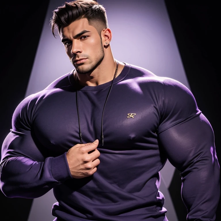 a very handsome young man, massively muscular, with massively large muscles, with massively large biceps, with massively large arms, wearing a simple purple sweatshirt with long sleeves, on a black background