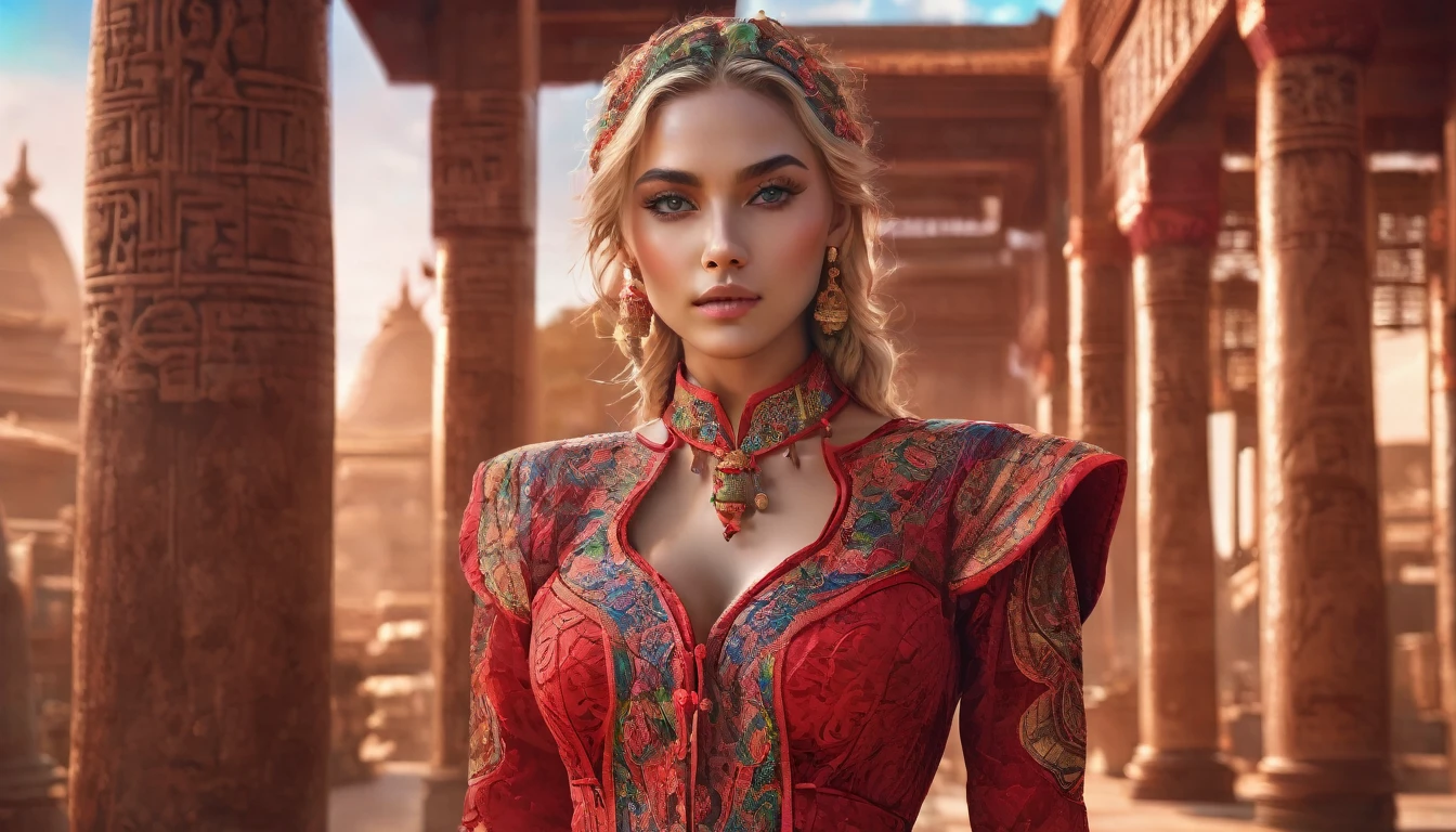 Real full picture of Most beautiful attractive (blond) model wearing -red full covered lace Chemise having colorful hieroglyphic detailed writings, high resolution, scarabs, 8k,, , mockup, ultra hd, realistic, vivid colors, highly detailed, UHD drawing, pen and ink, perfect composition, beautiful detailed intricate insanely detailed octane render trending on artstation, 8k artistic photography, photorealistic concept art, soft natural volumetric cinematic perfect light, perfect body, temple background