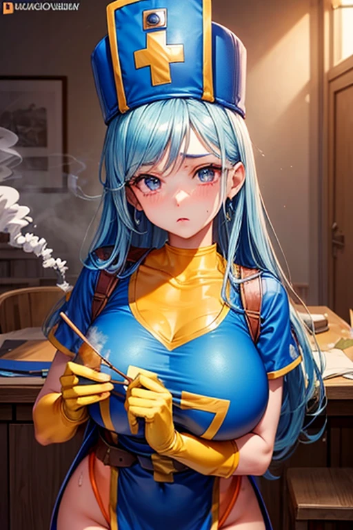 masterpiece, Highest quality,  Unreal Engine,  Super Resolution,  Very detailed, 

Beautiful woman, Dragon Quest Female Monk, long sky blue hair, Blue priest hat, (Orange bodysuit), Mitra, Tabard, Elbow-length gloves, Vivid expression, Healthy Body, Beautifully detailed sweat glands, Smooth skin texture, Carefully drawn, 

(humidity:1.5), (Lewd Scent:1.5), Beautiful Eyes, (Attractive face:1.2), (Beautiful Skin), Tight waist, (Big Breasts), Round Breasts, (Sticky with sweat), Irresistibly sexy pose, 

In the world of Dragon Quest, ((In a room filled with the smoke of aphrodisiac incense)), 