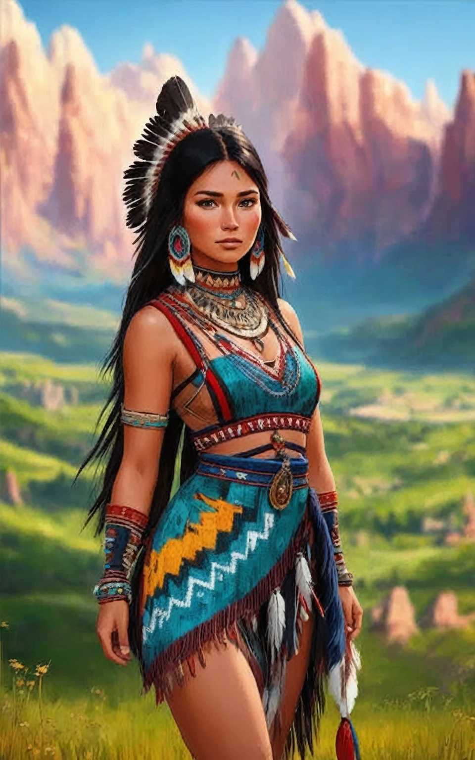 a woman in native clothing standing in a field with mountains in the background, pocahontas, portrait of a young pocahontas, native american, : native american shamen fantasy, beautiful character painting, portrait of pocahontas, a beautiful woman warrior, native american art, wearing a native american choker, warrior woman, warrior princess, beautiful young wind spirit