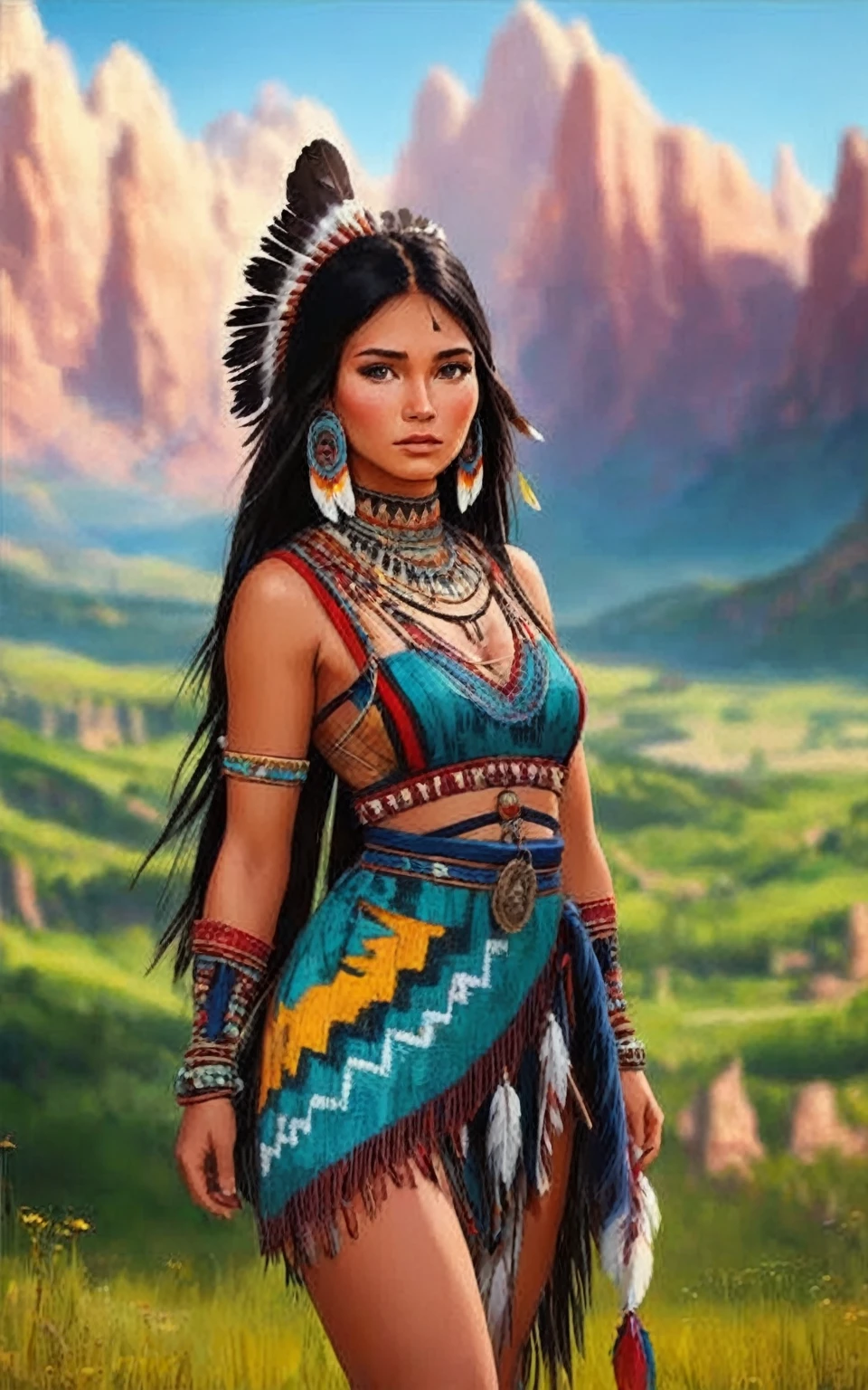 a woman in native clothing standing in a field with mountains in the background, pocahontas, portrait of a young pocahontas, native american, : native american shamen fantasy, beautiful character painting, portrait of pocahontas, a beautiful woman warrior, native american art, wearing a native american choker, warrior woman, warrior princess, beautiful young wind spirit