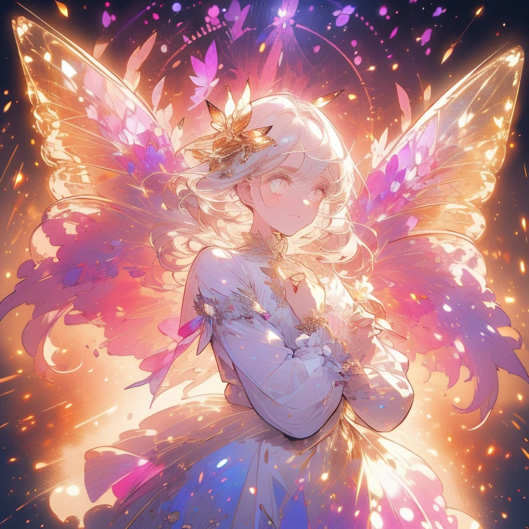 a beautiful (1girl) with colorful butterfly wings, white hair, detailed face, golden eyes,intricate butterfly wings,detailed wing patterns,detailed clothing,colorful butterfly wings,cinematic lighting,golden light particle, best detailed,masterpiece,ultra detailed, best shadow, delicate,action pose, posed,(dynamic angle,detailed background, fantasy), (handsome detailed face), high contrast, (best illumination, an extremely delicate and beautiful), ((cinematic light)), colorful, hyper detail, dramatic light, intricate details, butterfly circle, magic crystals, rainbow, Fantastic fairy, Unique type, Sharp detail line, Double beauty,