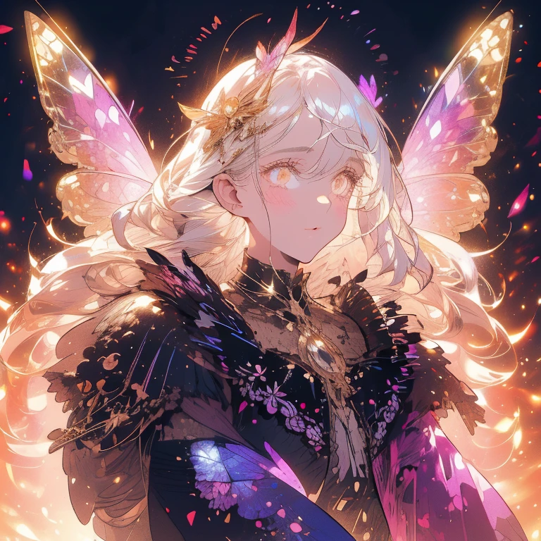 a beautiful (1girl) with colorful butterfly wings, white hair, detailed face, golden eyes,intricate butterfly wings,detailed wing patterns,detailed clothing,colorful butterfly wings,cinematic lighting,golden light particle, best detailed,masterpiece,ultra detailed, best shadow, delicate,action pose, posed,(dynamic angle,detailed background, fantasy), (handsome detailed face), high contrast, (best illumination, an extremely delicate and beautiful), ((cinematic light)), colorful, hyper detail, dramatic light, intricate details, butterfly circle, magic crystals, rainbow, Fantastic fairy, Unique type, Sharp detail line, Double beauty,