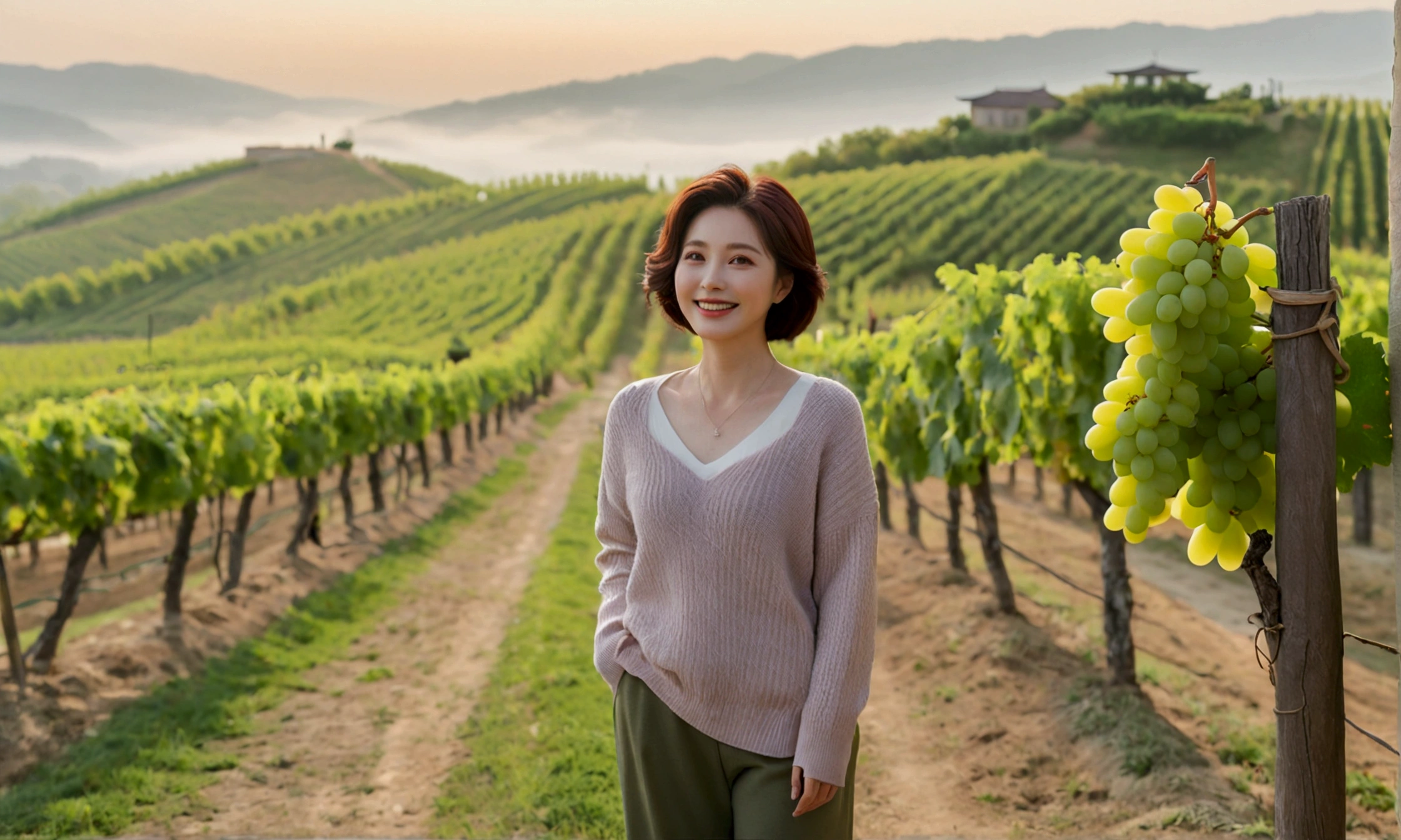 Italy foggy countryside dawn, Endless vineyards, A cathedral can be seen far away in the fog.. Korean woman in her 40s, Wearing a luxury brand slightly thick knit, casual pants, Korean woman with short and medium hair, hair is beautiful. Standing on a path on top of a vineyard hill, Beautiful Korean woman with bright and clear skin, the neck is long and beautiful. Inspired by Yoo Ji-in. Beautiful Korean woman smiling, standing in the vineyard,1 woman, Your eyes are big and pretty, standing on a hill in a vineyard, 1 woman, Clear picture quality, Fair skin and no wrinkles on the neck, The eyes are clear and big, Hair texture is clean and shiny, eyes are big, three dimensional grape leaves