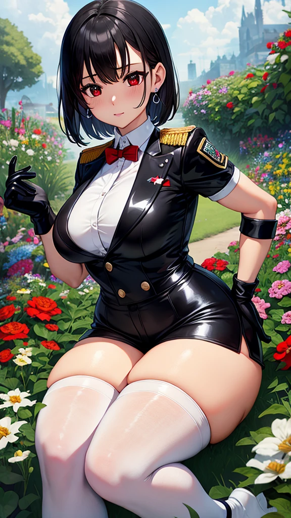 Face Focus , ((Highest quality)), ((Tabletop)), Perfect Face, （((White knee-high socks))) ,   Official Art,Black knee-high socks,Beautiful Face,Standing posture,White tights,((((Thick thighs)))),(((very short hair))),Black Hair,Plump,Earrings,(Huge breasts),Standing posture,valley,Shorts,Outdoor,((garden)),Red Eyes,((((uniform)))),Very detailed, Textured skin, Ultra high definition, Red face, ((((black gloves)))),sweat,((latex)),Big Ass,Small waist,Garter Ring,汗,