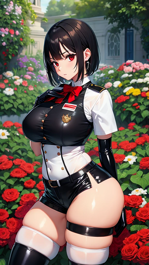 Face Focus , ((Highest quality)), ((Tabletop)), Perfect Face, （((White knee-high socks))) ,   Official Art,Black knee-high socks,Beautiful Face,Standing posture,White tights,((((Thick thighs)))),(((very short hair))),Black Hair,Plump,Earrings,(Huge breasts),Standing posture,valley,Shorts,Outdoor,((garden)),Red Eyes,((((uniform)))),Very detailed, Textured skin, Ultra high definition, Red face, ((((black gloves)))),sweat,((latex)),Big Ass,Small waist,Garter Ring,汗,