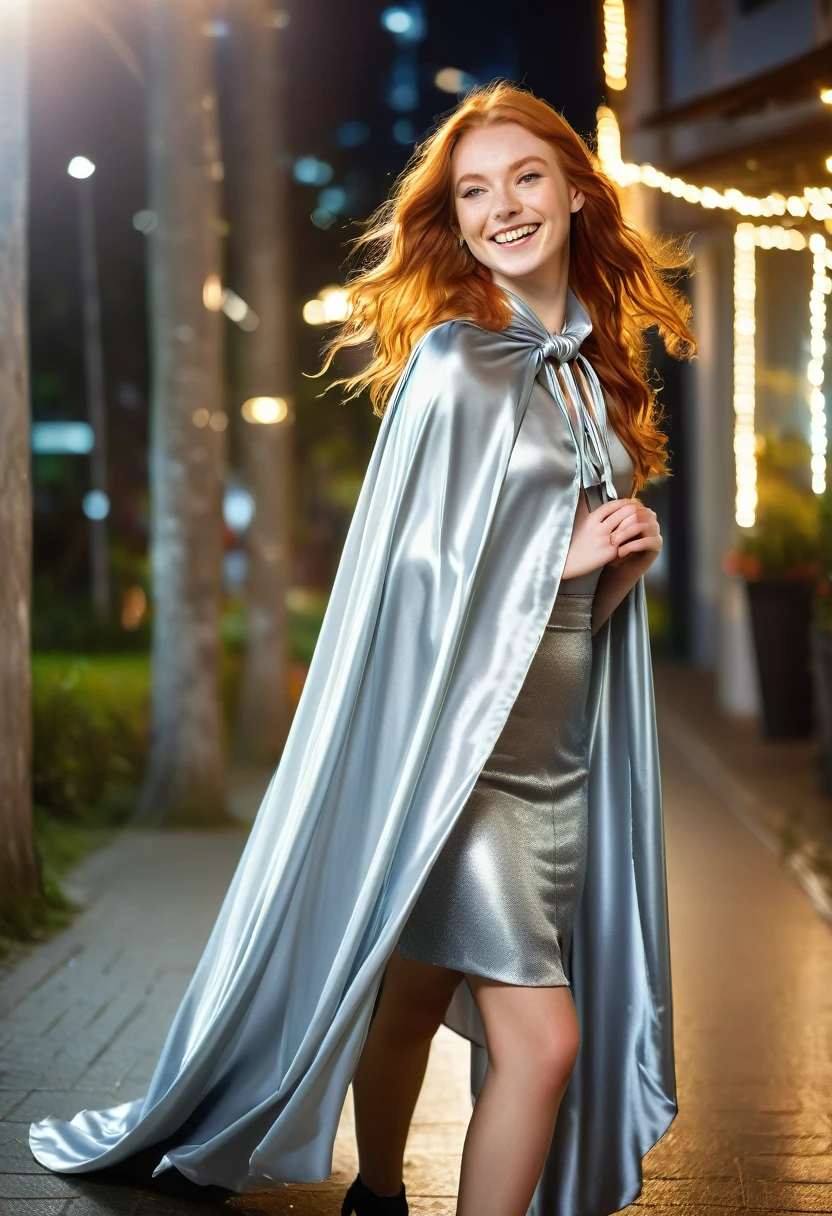 (RAW photo) , 1girl, cute, 20 years old, long ginger hair , smiling, look at viewer, ((((silver satin cape tied at the neck)))+++, side spilt skirt , photo, realistic, best quality, hires, detailed face, detailed background, diffused lighting, depth of field, bokeh